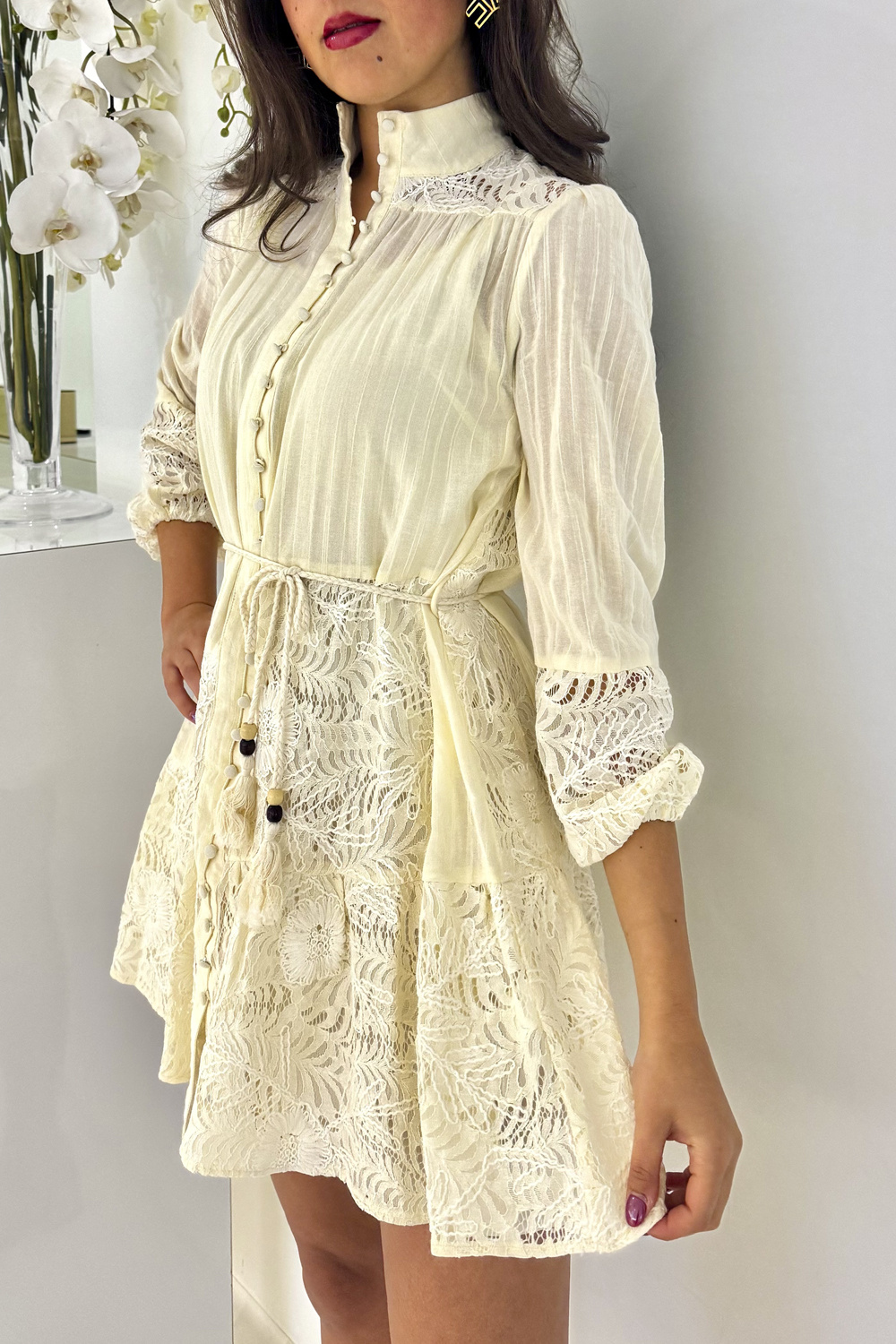 Dreamcatcher Dream Catcher jurk met ceintuur en kant BEIGE