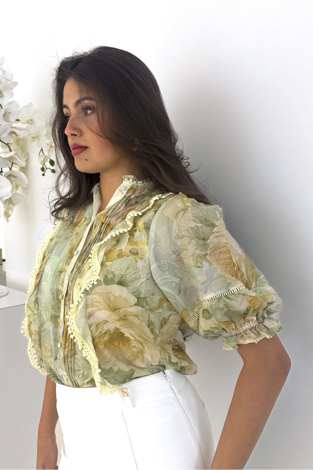 Dreamcatcher Dream Catcher blouse met pof mouwen met bloemenprint GROEN