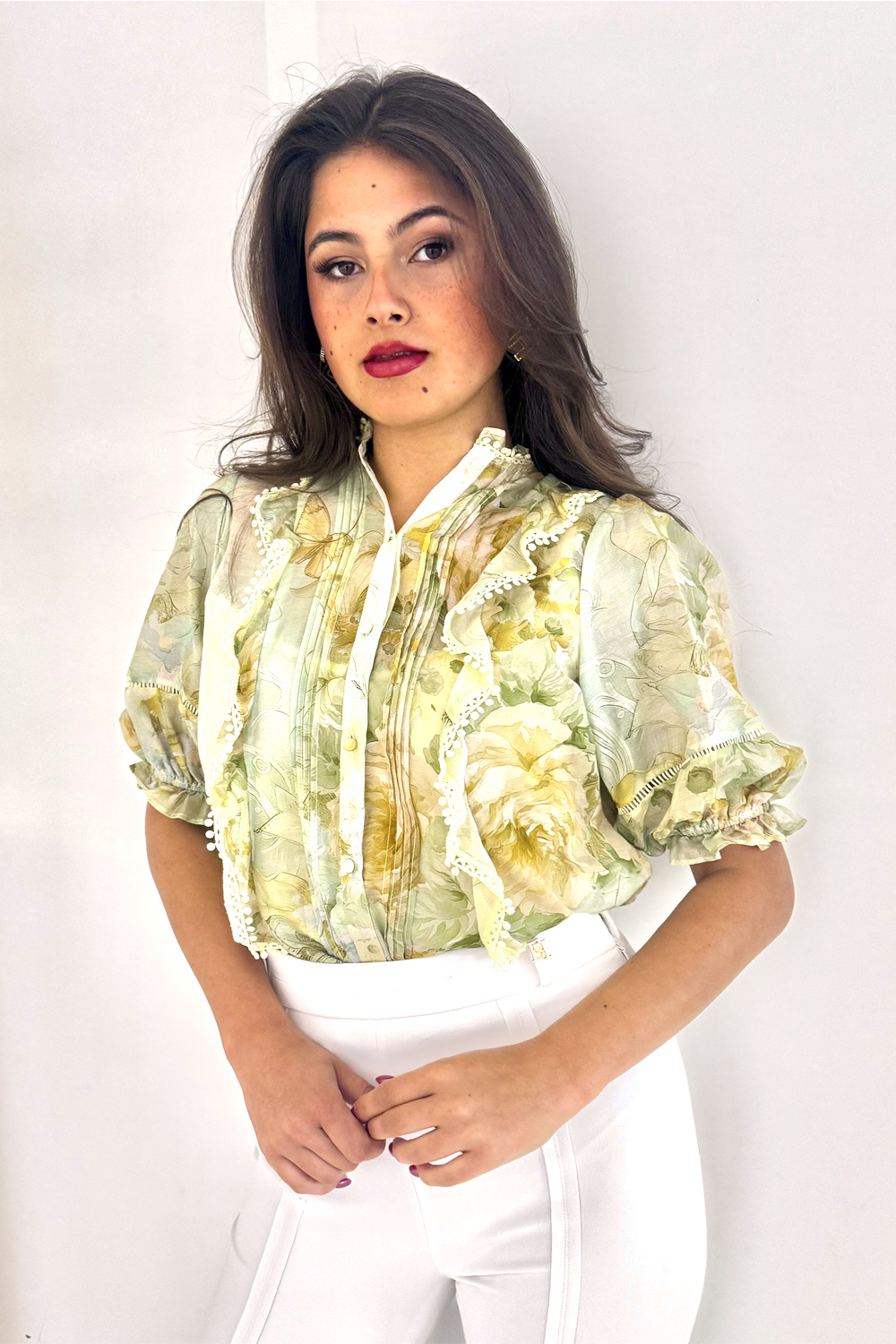Dreamcatcher Dream Catcher blouse met pof mouwen met bloemenprint GROEN