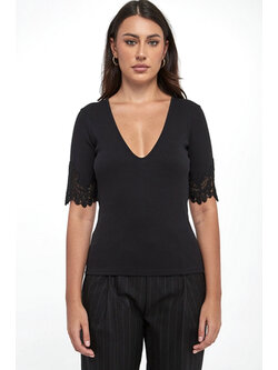 TWINSET Twinset polo top with V-neck and lace sleeves BLACK