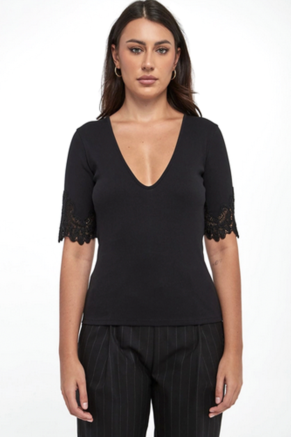 TWINSET Twinset polo top with V-neck and lace sleeves BLACK