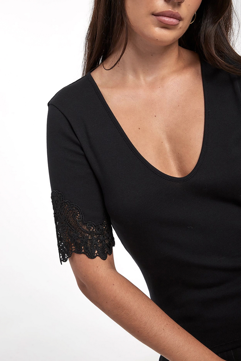 TWINSET Twinset polo top with V-neck and lace sleeves BLACK