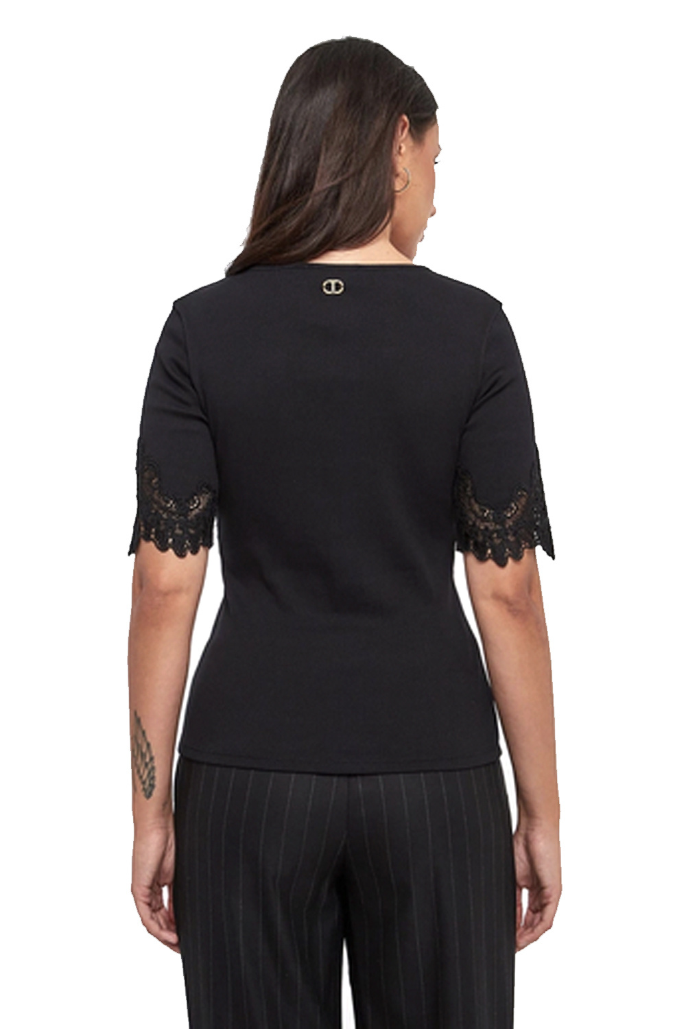 TWINSET Twinset polo top with V-neck and lace sleeves BLACK