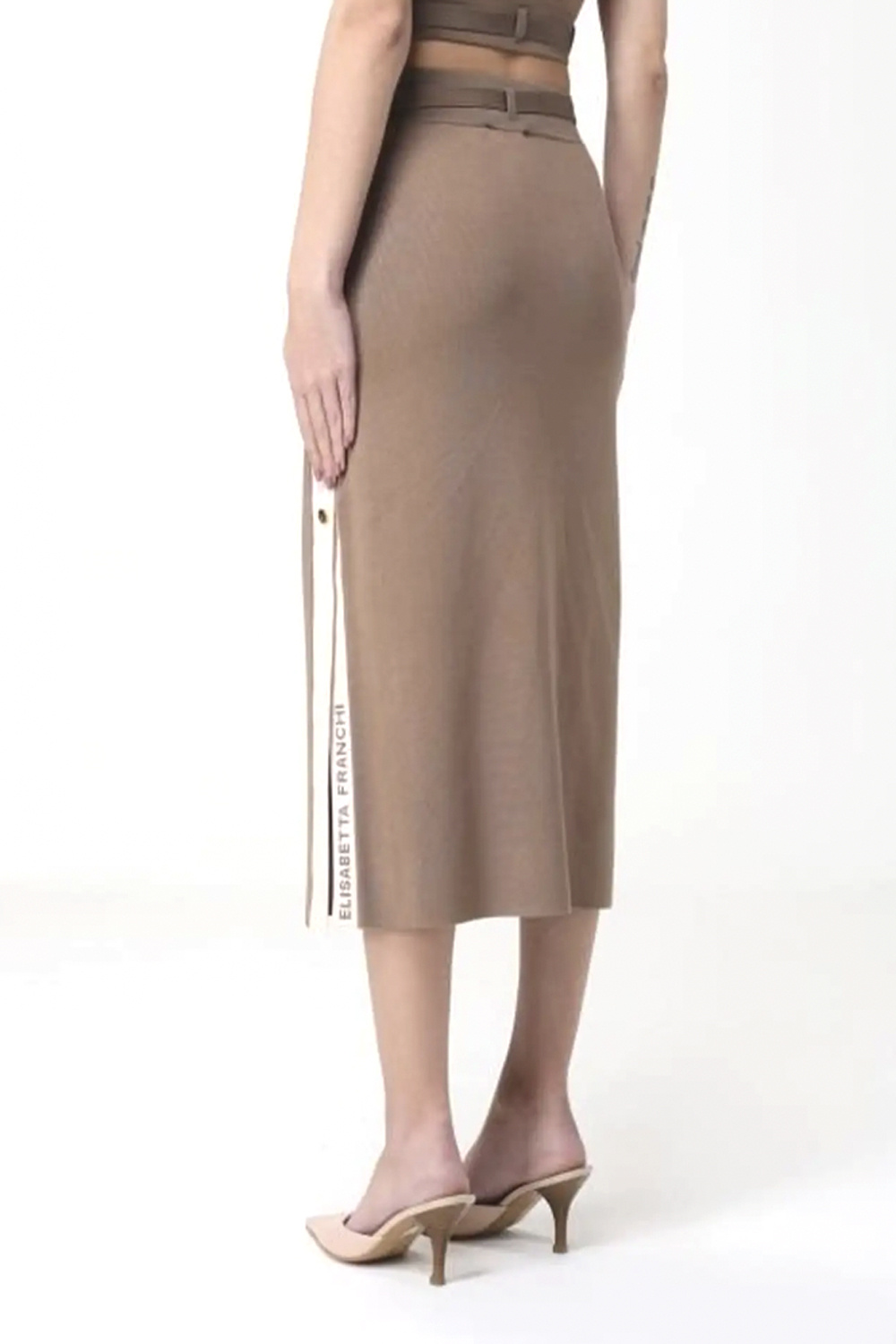 ELISABETTA FRANCHI Elisabetta Franchi lange rok met een riem en witte zijbies TAUPE / BEIGE