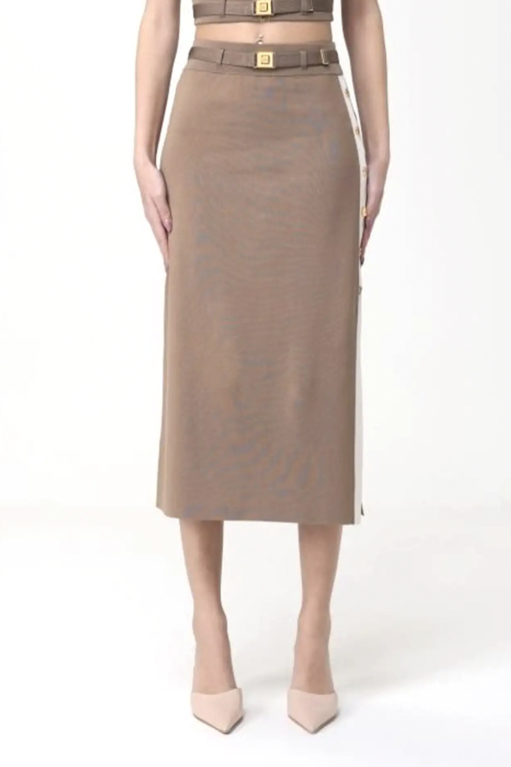 ELISABETTA FRANCHI Elisabetta Franchi lange rok met een riem en witte zijbies TAUPE / BEIGE