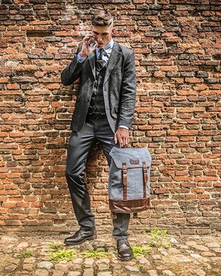 Charlie - Mochila de tweed gris/marrón