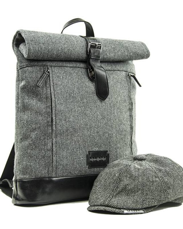 Jeramiah - Tweed Roll Top Backpack - Grey/Black