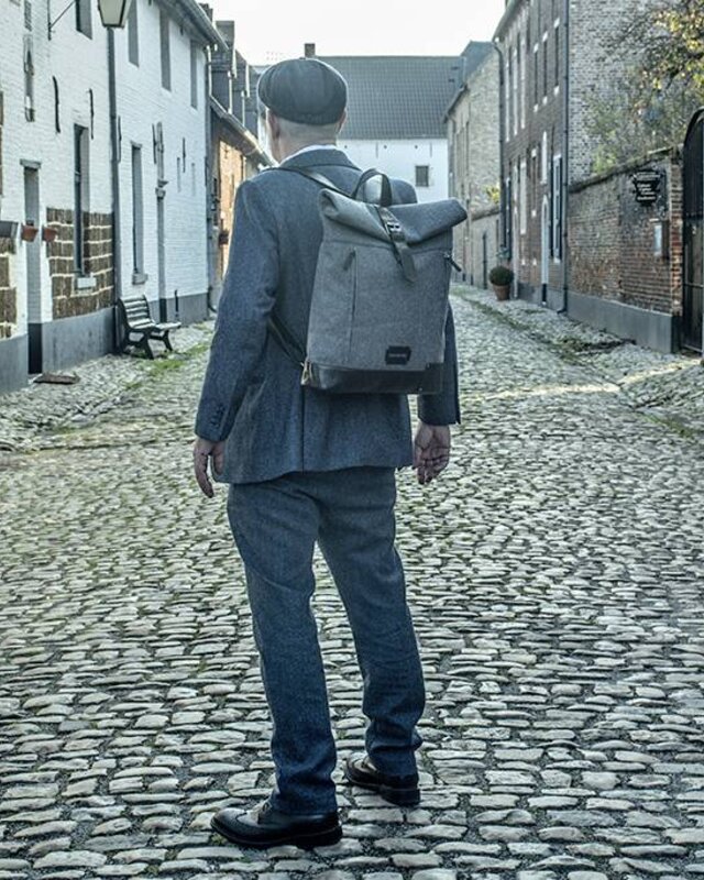Jeramiah - Tweed Roll Top Backpack - Grey/Black