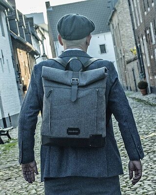 Jeramiah - Tweed Roll Top Backpack - Grey/Black