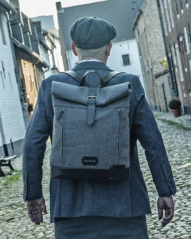 Jeramiah - Tweed Roll Top Backpack - Grey/Black