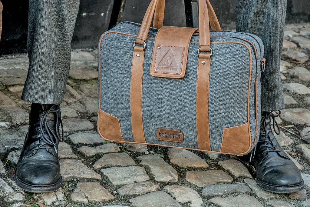 John - Bolsa para portátil de tweed - Gris/Marrón