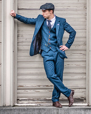 Tweed Anzug Blau Fischgrät Überkaro