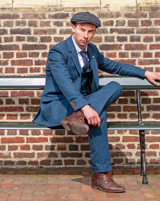 Traje sastre hombre | Traje 3 piezas | Espiga azul | Thomas Shelby | Persianas de pico