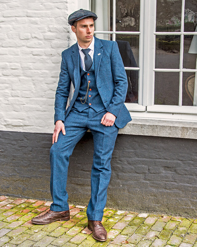 Traje sastre hombre | Traje 3 piezas | Espiga azul | Thomas Shelby | Persianas de pico