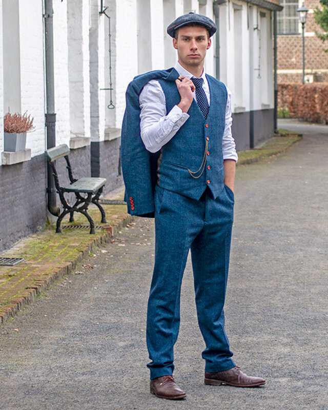 Traje sastre hombre | Traje 3 piezas | Espiga azul | Thomas Shelby | Persianas de pico