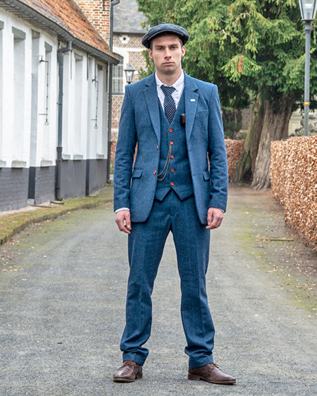 Traje sastre hombre | Traje 3 piezas | Espiga azul | Thomas Shelby | Persianas de pico