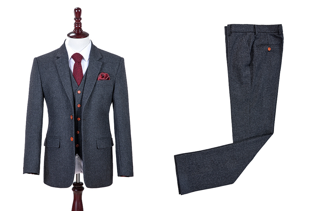 3-piece tweed suit  Charcoal Grey Herringbone