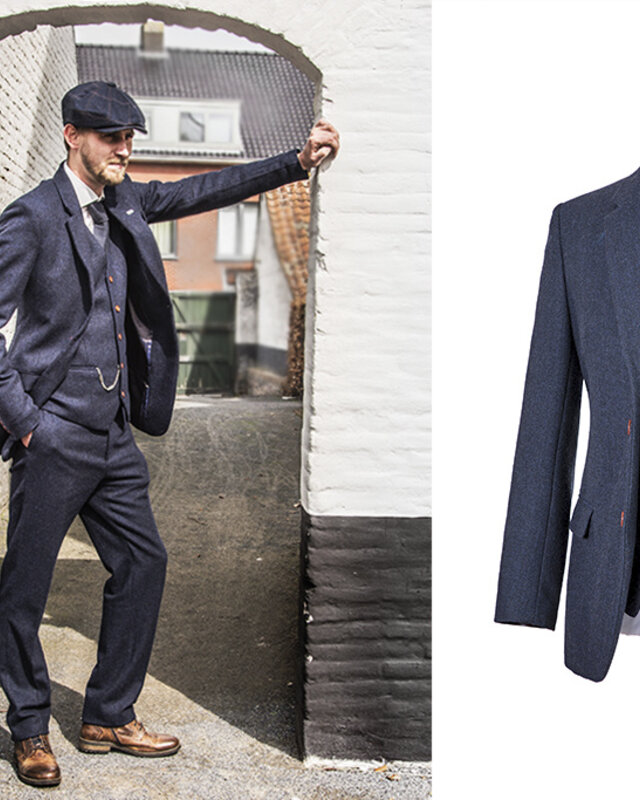 Traje sastre hombre | Traje 3 piezas | Espiga azul marino | Thomas Shelby | Persianas de pico