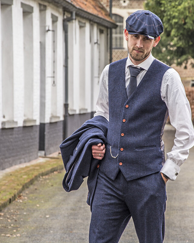 Traje sastre hombre | Traje 3 piezas | Espiga azul marino | Thomas Shelby | Persianas de pico