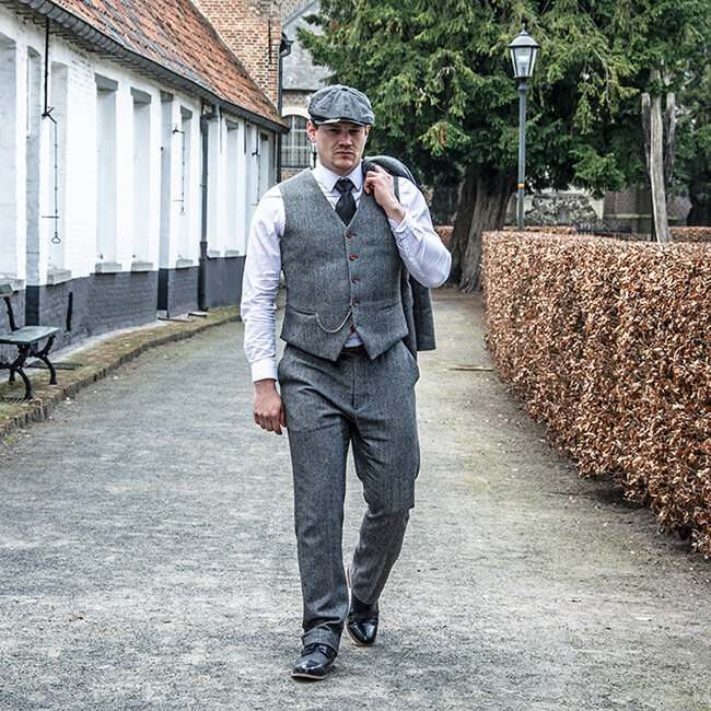 Herren-Maßanzug | 3-teiliger Anzug | graues Fischgrätenmuster | Thomas Shelby | Peaky Blinders