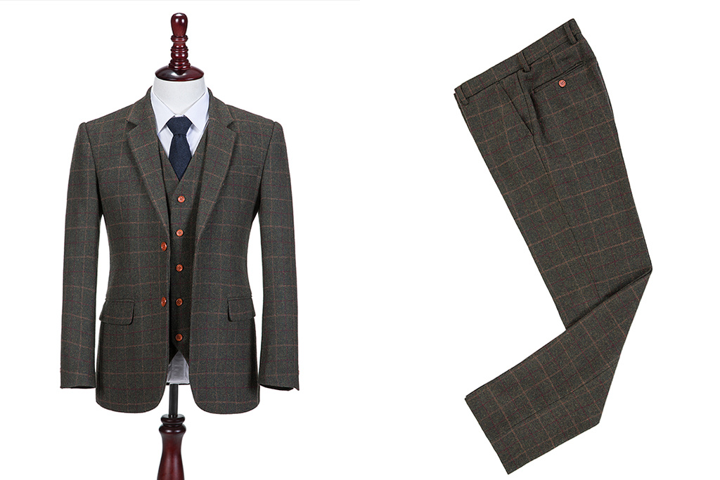 Traje de tweed de 3 piezas Verde Oscuro Tattersall