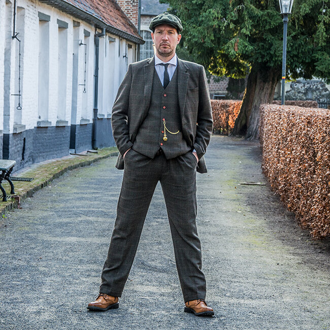 Herren Maßanzug | 3-teiliger Anzug | dunkelgrüner Tattersall | Aberama Gold | peaky blinders