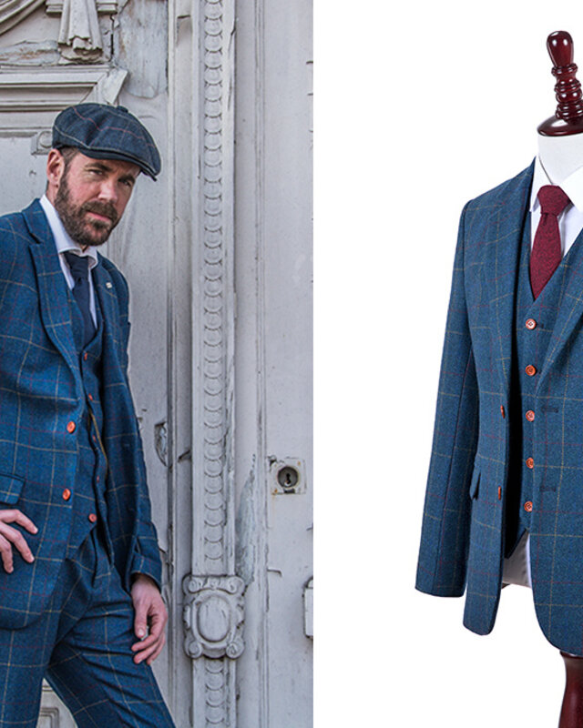 Traje sastre hombre | Traje 3 piezas | Sarga sobrechecada azul | Arthur Shelby | Persianas de pico