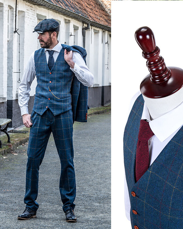 Maatpak voor heren | 3-delig pak | blauw overcheck twill | Arthur Shelby | peaky blinders