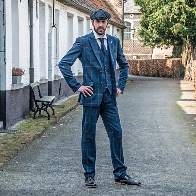 Costume sur mesure pour homme | costume 3 pièces | sergé bleu à carreaux | Arthur Shelby | oeillères à picots