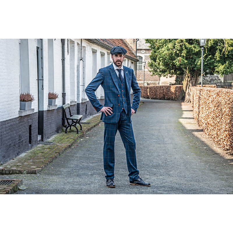 Maatpak voor heren | 3-delig pak | blauw overcheck twill | Arthur Shelby | peaky blinders