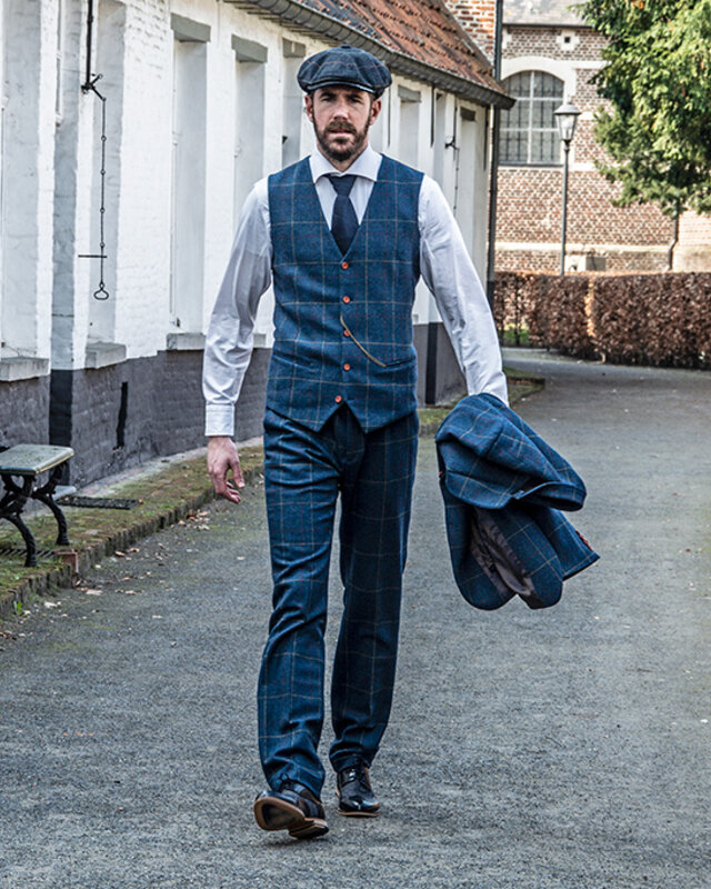Maatpak voor heren | 3-delig pak | blauw overcheck twill | Arthur Shelby | peaky blinders