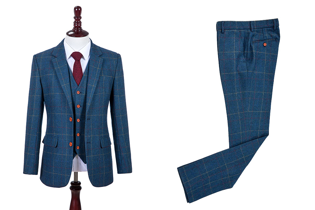 3-teiliger Tweed-Anzug Blau Overcheck Twill