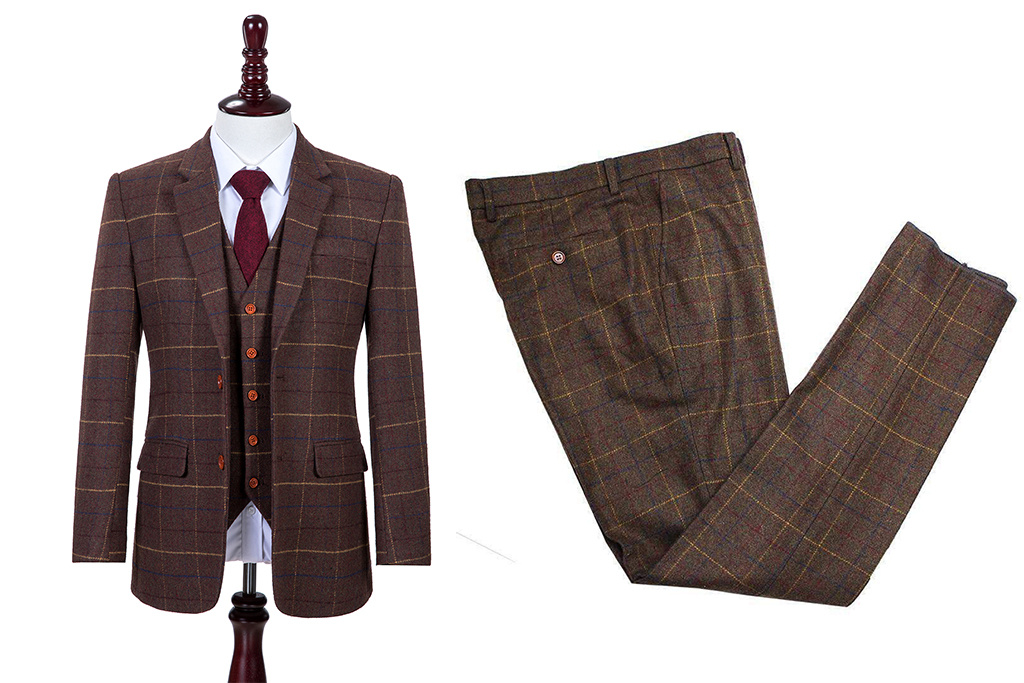 3-delig Tweed pak Bruin Overcheck Twill