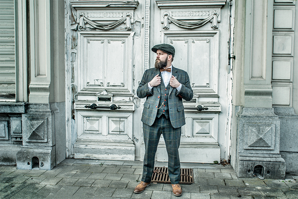 Traje de tweed de 3 piezas en sarga de cuadros verde oscuro