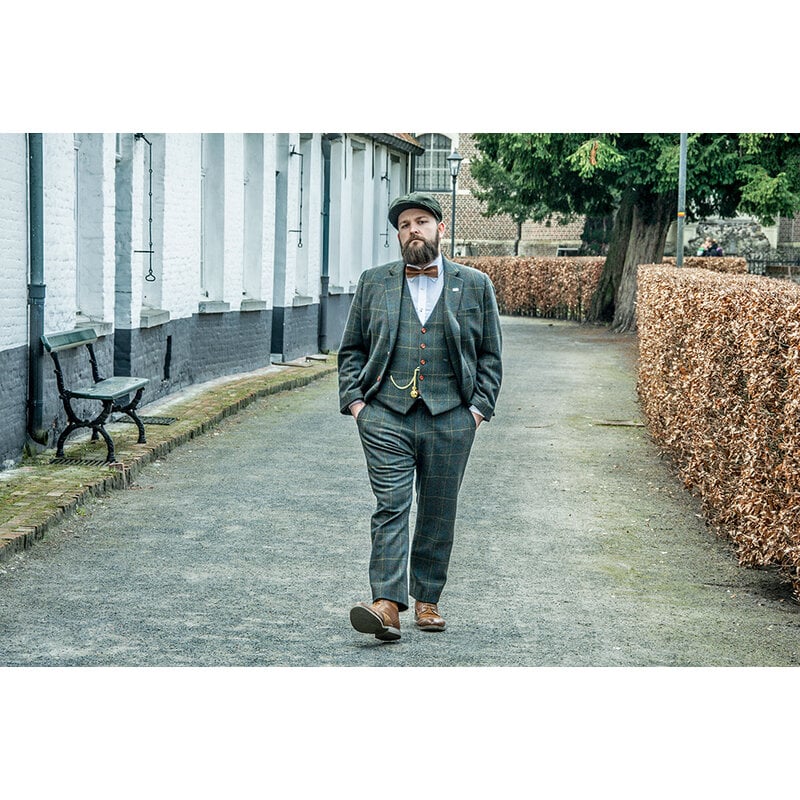Herren-Maßanzug | 3-teiliger Anzug | dunkelgrüner Overcheck-Köper | Arthur Shelby | peaky blinders