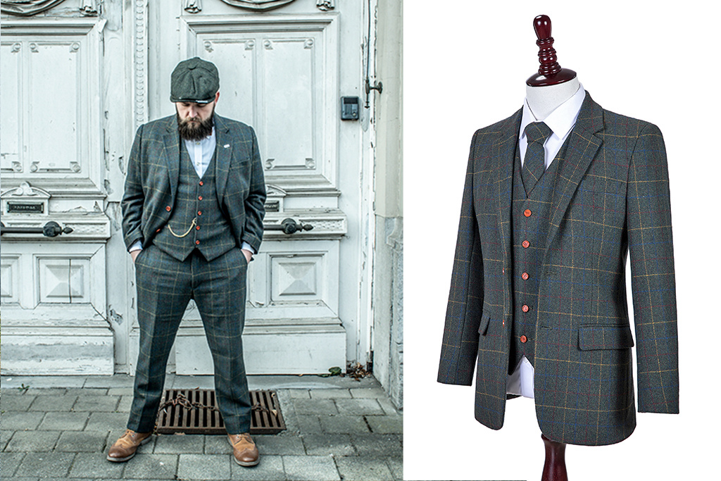 3-piece tweed suit  Dark Green Overcheck Twill