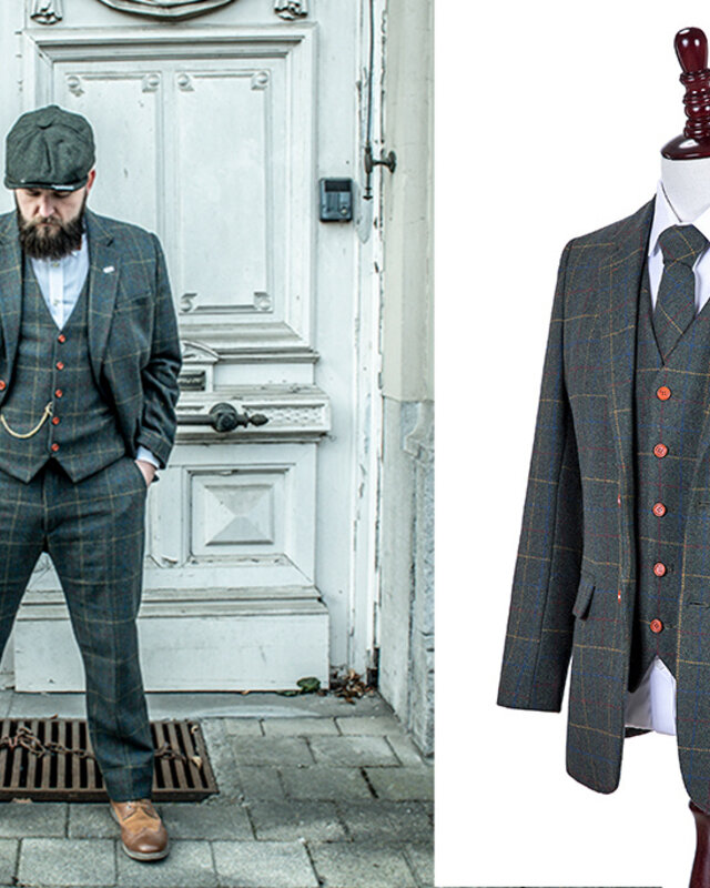 Maatpak voor heren | 3-delig pak | donkergroen overcheck twill | Arthur Shelby | peaky blinders