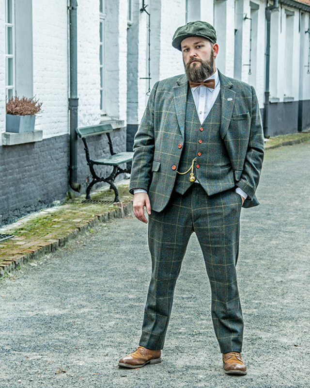 Traje sastre hombre | Traje 3 piezas | sarga overcheck verde oscuro | Arthur Shelby | peaky blinders