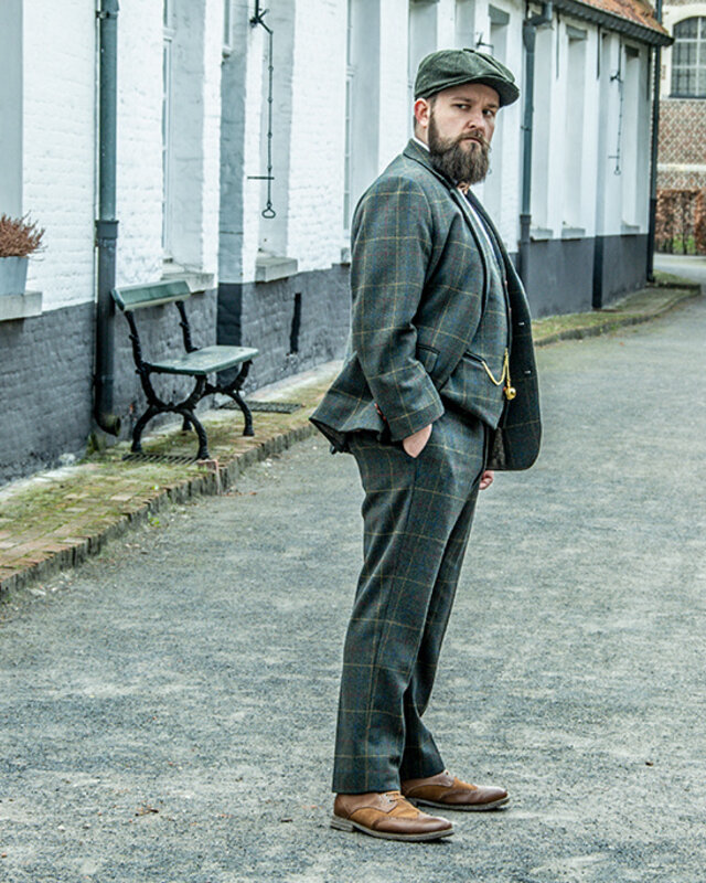 Traje sastre hombre | Traje 3 piezas | sarga overcheck verde oscuro | Arthur Shelby | peaky blinders