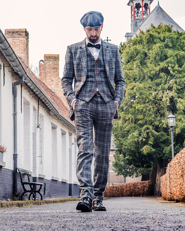 Maatpak voor heren | 3-delig pak | grijs/hemelblauw Pied-de-poule | Danny Whizz-Bang | peaky blinders