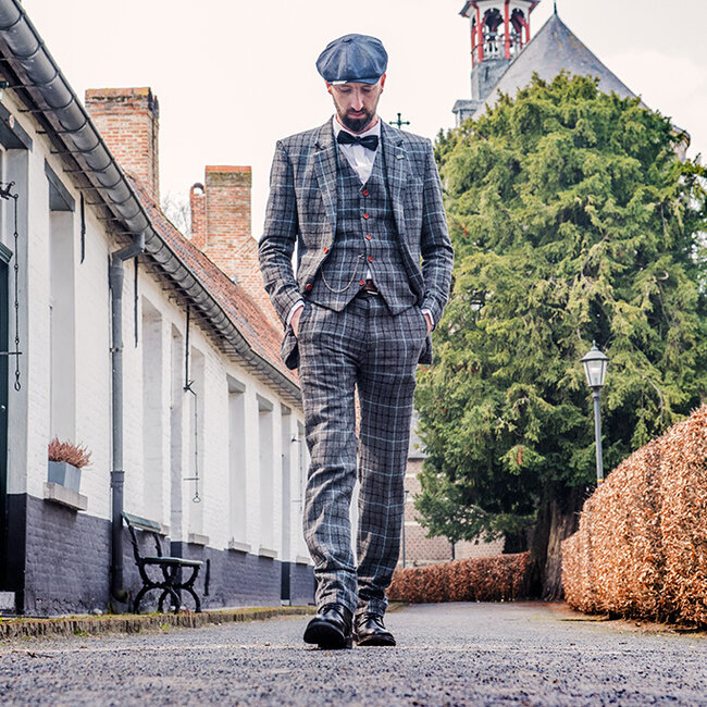 Maatpak voor heren | 3-delig pak | grijs/hemelblauw Pied-de-poule | Danny Whizz-Bang | peaky blinders