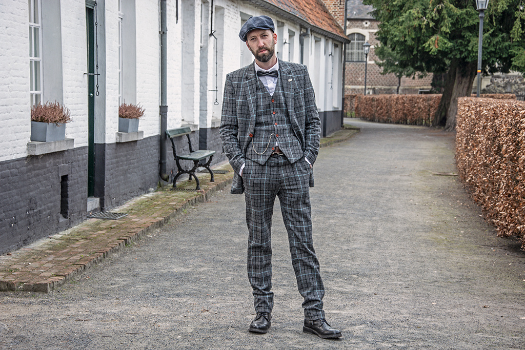 Traje de tweed de 3 piezas Pata de gallo Gris Cielo Azul