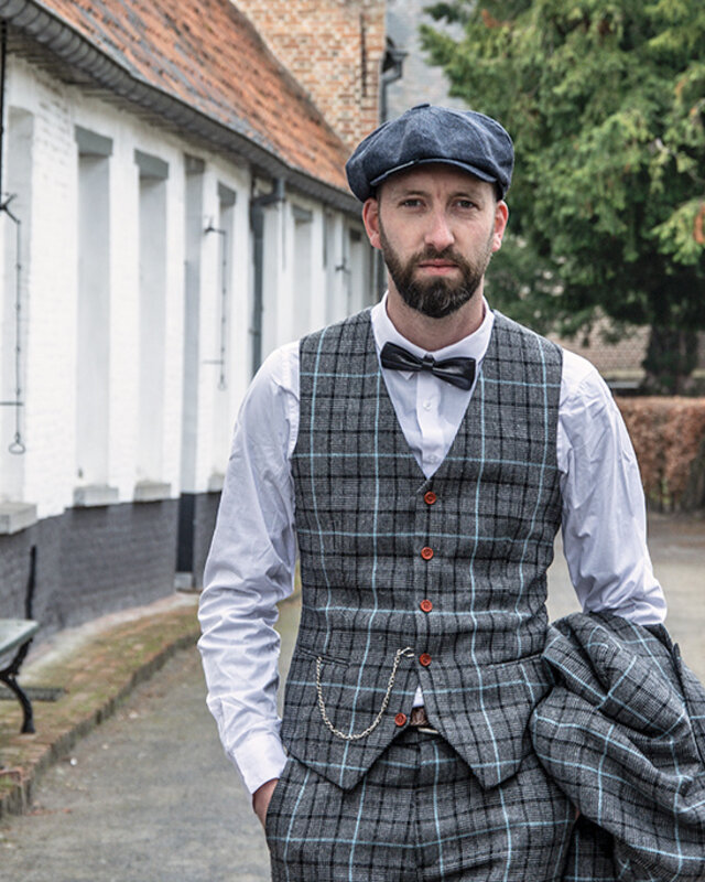 Herren Maßanzug | 3-teiliger Anzug | grau/himmelblau Pied-de-poule | Danny Whizz-Bang | peaky blinders