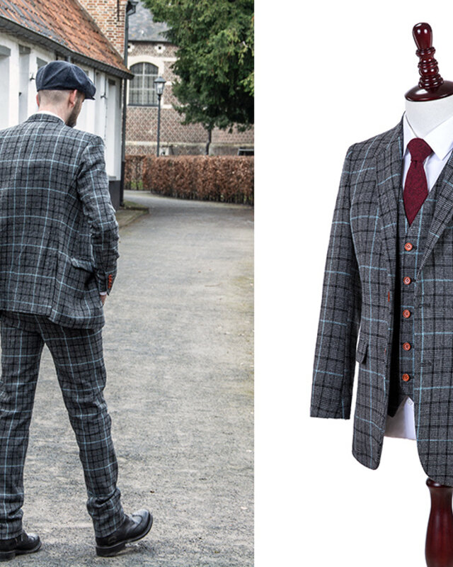 Maatpak voor heren | 3-delig pak | grijs/hemelblauw Pied-de-poule | Danny Whizz-Bang | peaky blinders