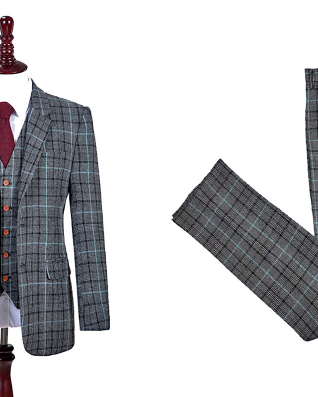 Men's tailored suit | 3-piece suit | grey/ sky blue Pied-de-poule | Danny Whizz-Bang | peaky blinders