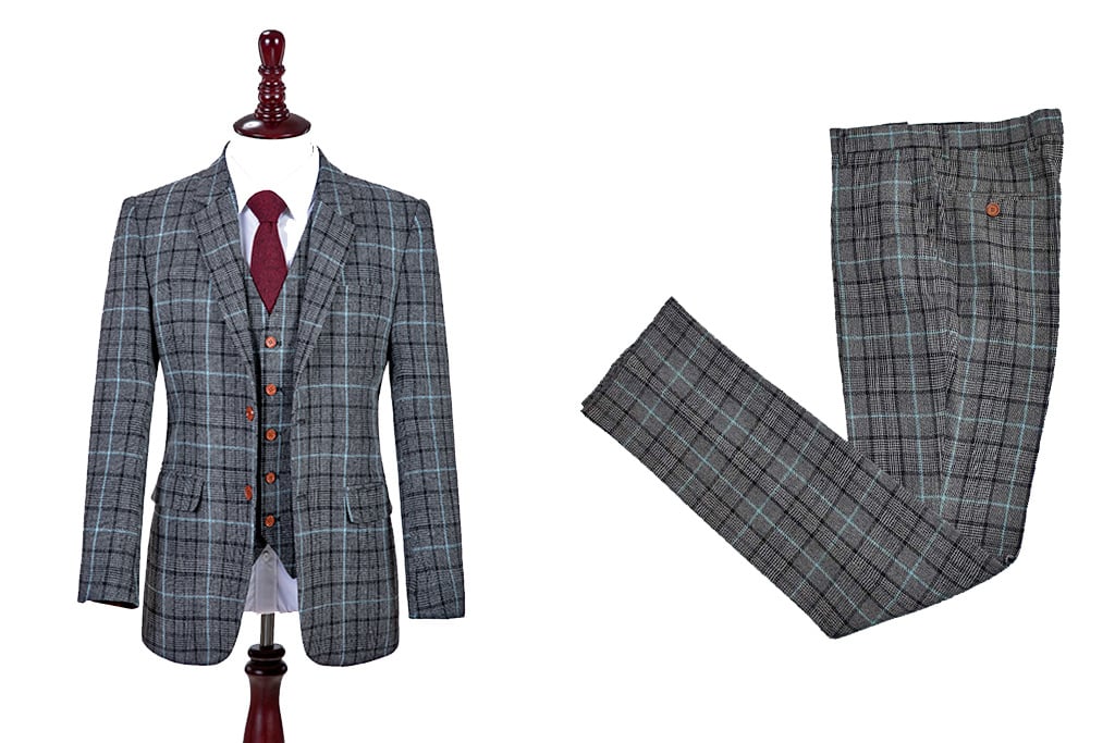 Costume 3 Pièces Tweed Gris Bleu Ciel Houndstooth