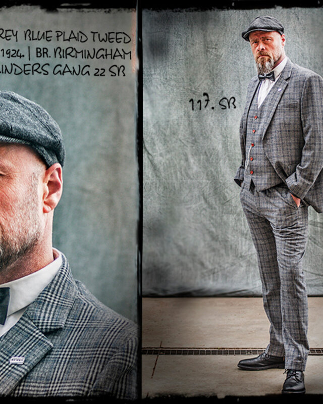 Men's tailored suit | 3-piece suit | grey/blue plaid | Charlie Strong | peaky blinders