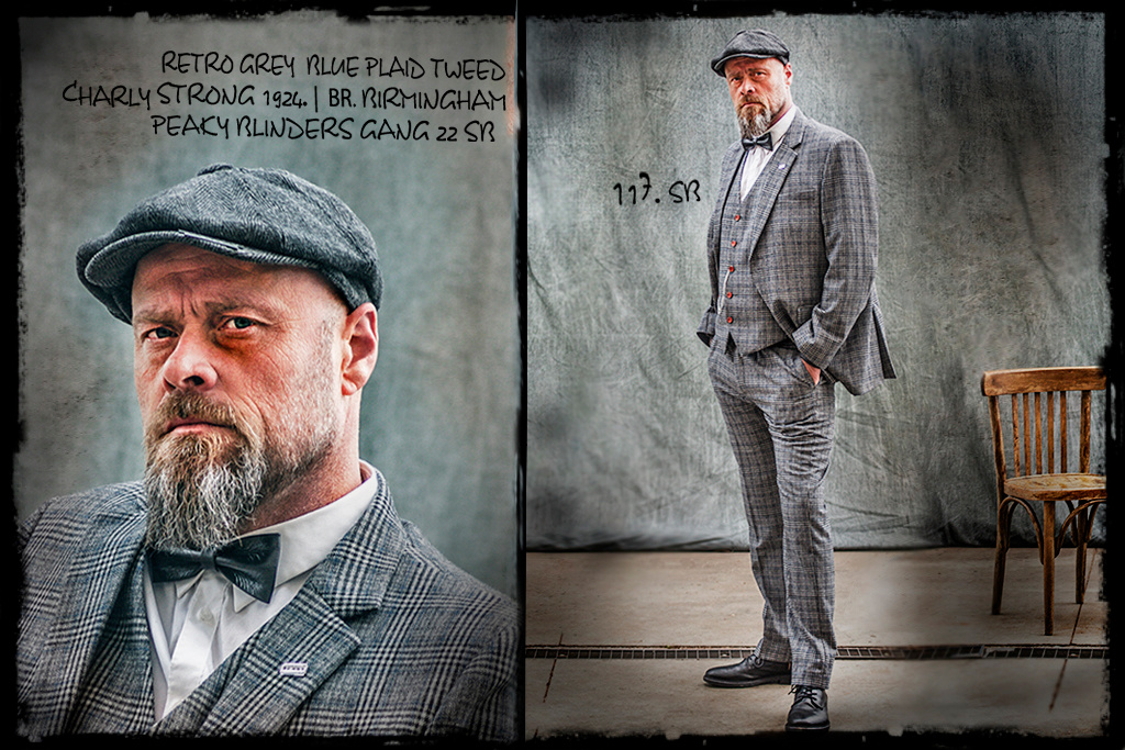 Traje sastre hombre | Traje 3 piezas | cuadros grises/azules | Charlie Strong | peaky blinders