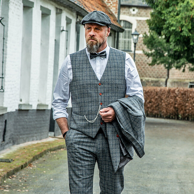 Maatpak voor heren | 3-delig pak | grijs/blauw plaid | Charlie Strong | peaky blinders