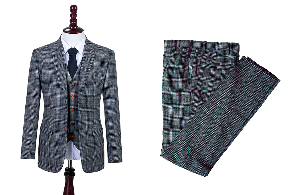 3-piece tweed suit Retro Grey Blue Plaid